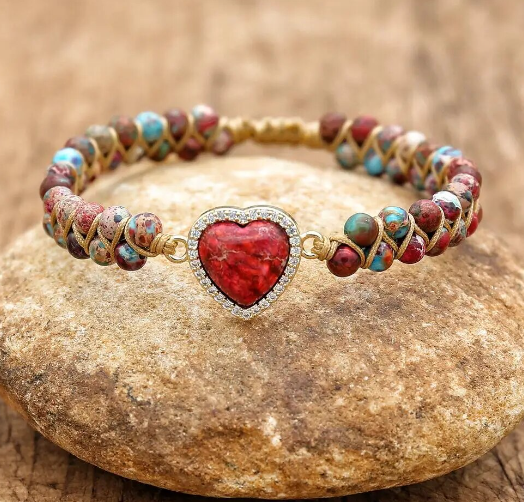 Jaspis Czerwony Zestaw Biżuterii Serduszko Kamień Naturalny Naszyjnik + Kolczyki + Bransoletki