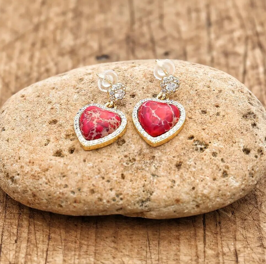 Jaspis Czerwony Zestaw Biżuterii Serduszko Kamień Naturalny Naszyjnik + Kolczyki + Bransoletki