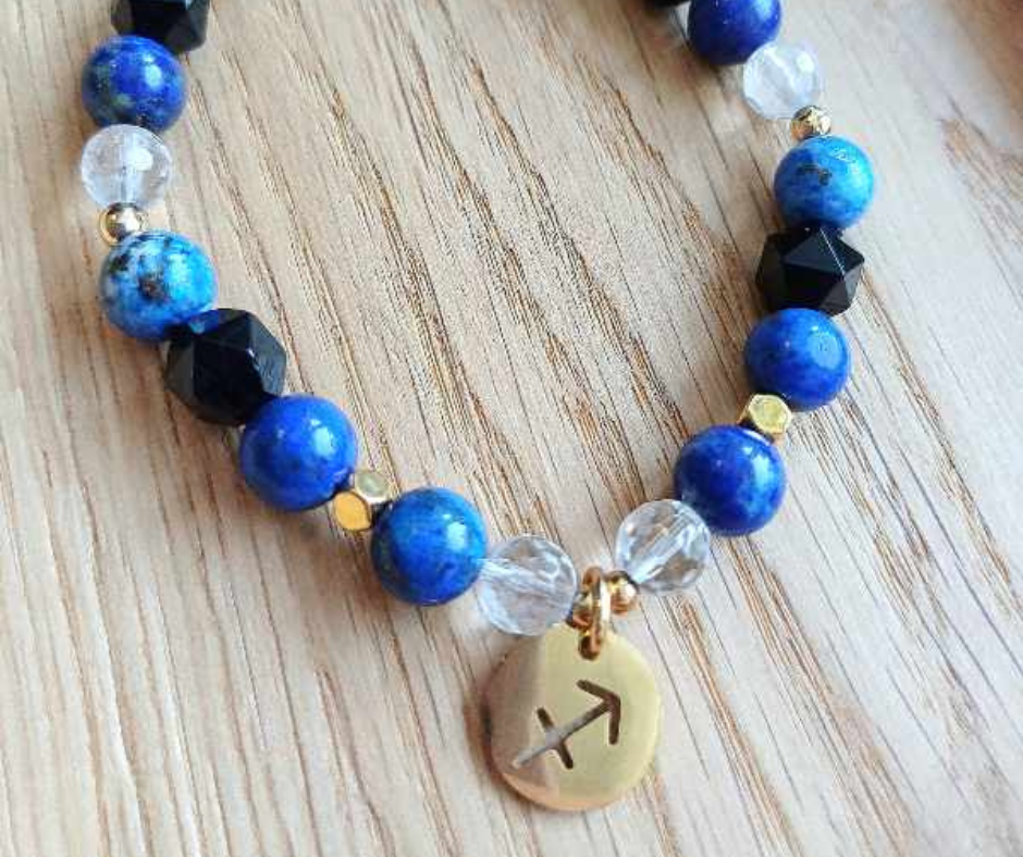 Bransoletka Handmade Dla Strzelca Znaki Zodiaku Kamienie Naturalne Lapis Lazuli kryształ Górski Onyks Hematyt